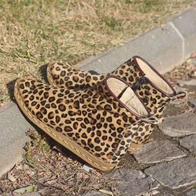 Leopar Desenli Tüylü Zebra Desenli El Dikişli Kadın Kışlık Deri Bot