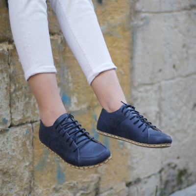 El Yapımı Barefoot Yalınayak Kadın Deri Sneakers Model, Lacivert