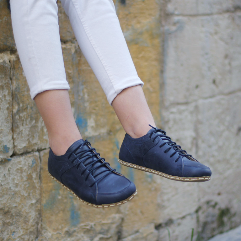 El Yapımı Barefoot Yalınayak Kadın Deri Sneakers Model, Lacivert - Görsel 5