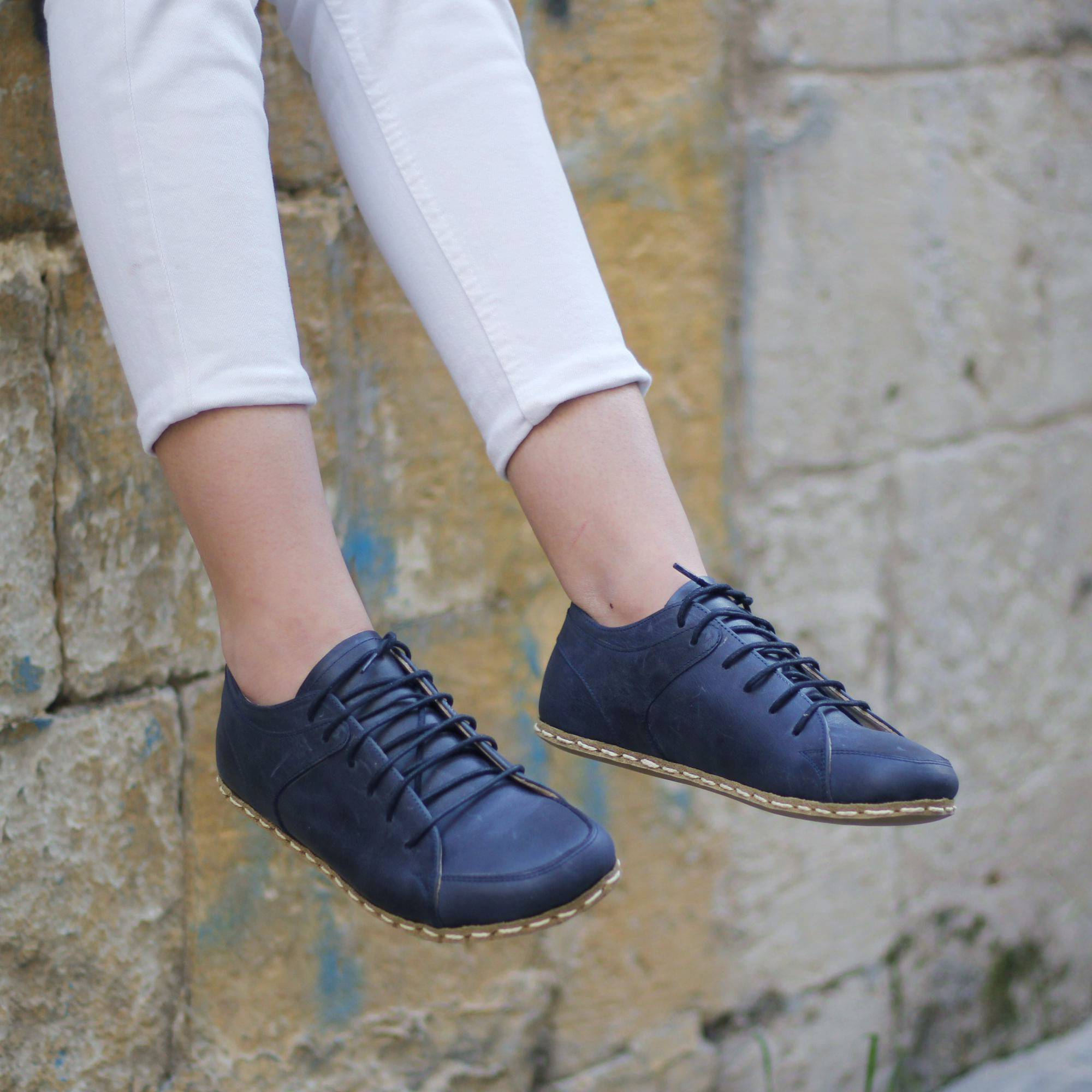 1 El Yapımı Barefoot Yalınayak Kadın Deri Sneakers Model, Lacivert - Görsel 1