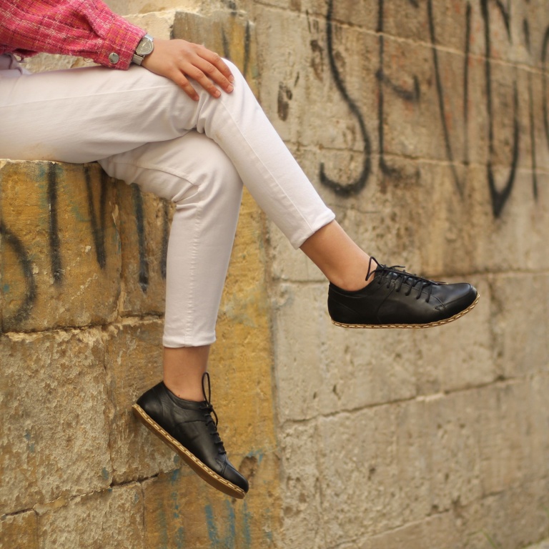 El Yapımı Barefoot Yalınayak Kadın Deri Sneakers Model, Siyah - Görsel 5