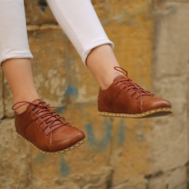 El Yapımı Barefoot Yalınayak Kadın Deri Sneakers Model, Parlak Kahve - Görsel 4