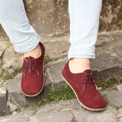 El Yapımı Barefoot Yalınayak Erkek Deri Bağcıklı Model, Bordo Nubuk