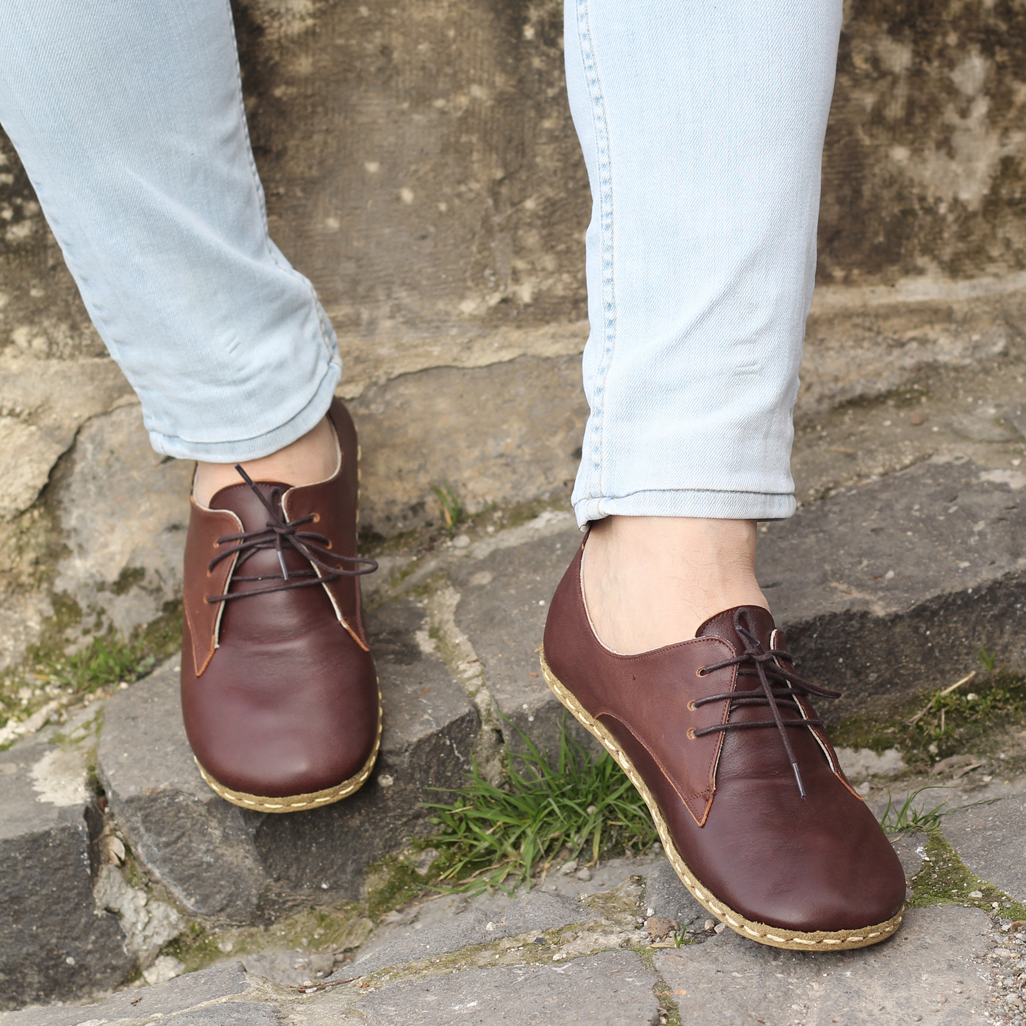 1 El Yapımı Barefoot Yalınayak Erkek Deri Bağcıklı Model, Fındık Kahve - Görsel 1