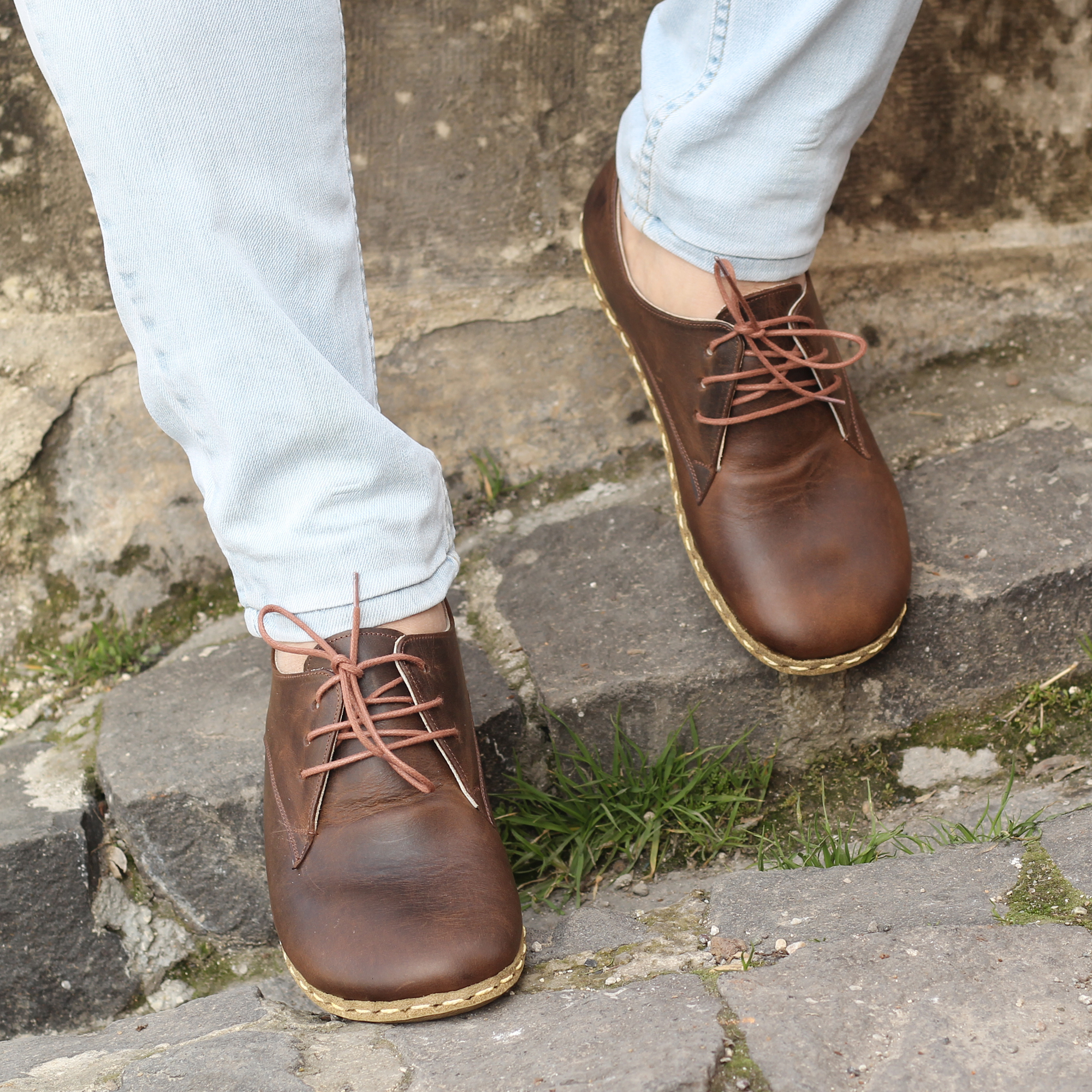 1 El Yapımı Barefoot Yalınayak Erkek Deri Bağcıklı Model, Klasik Kahverengi - Görsel 1