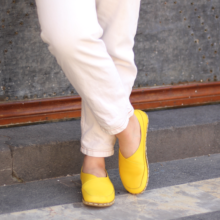 El Yapımı Barefoot Yalınayak Kadın Deri Sevim Model, Sarı - Görsel 6