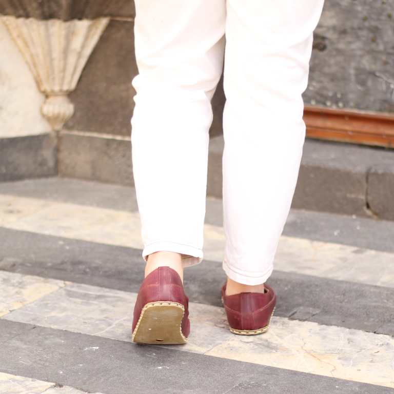 El Yapımı Barefoot Yalınayak Kadın Deri Sevim Model, Bordo - Görsel 2