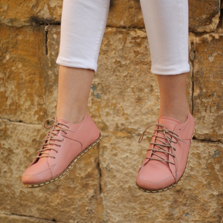El Yapımı Barefoot Yalınayak Kadın Deri Sneakers Model, Şeker Pembe - Görsel 4