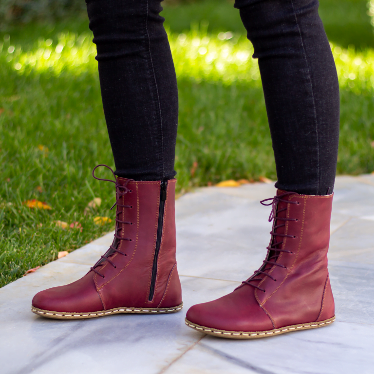 El Yapımı Barefoot Yalınayak Kadın Deri Uzun Kadın Bot, Bordo - Görsel 2