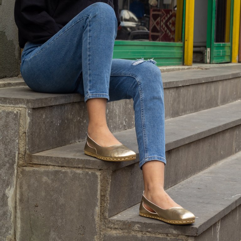 El Yapımı Barefoot Yalınayak Kadın Deri Beril Model, Gold - Görsel 5