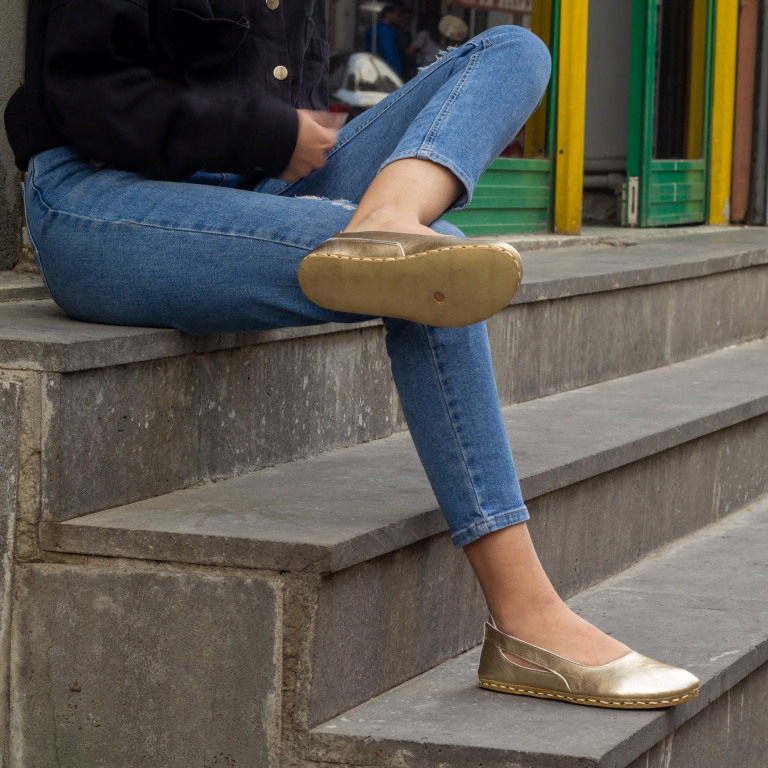 El Yapımı Barefoot Yalınayak Kadın Deri Beril Model, Gold - Görsel 3