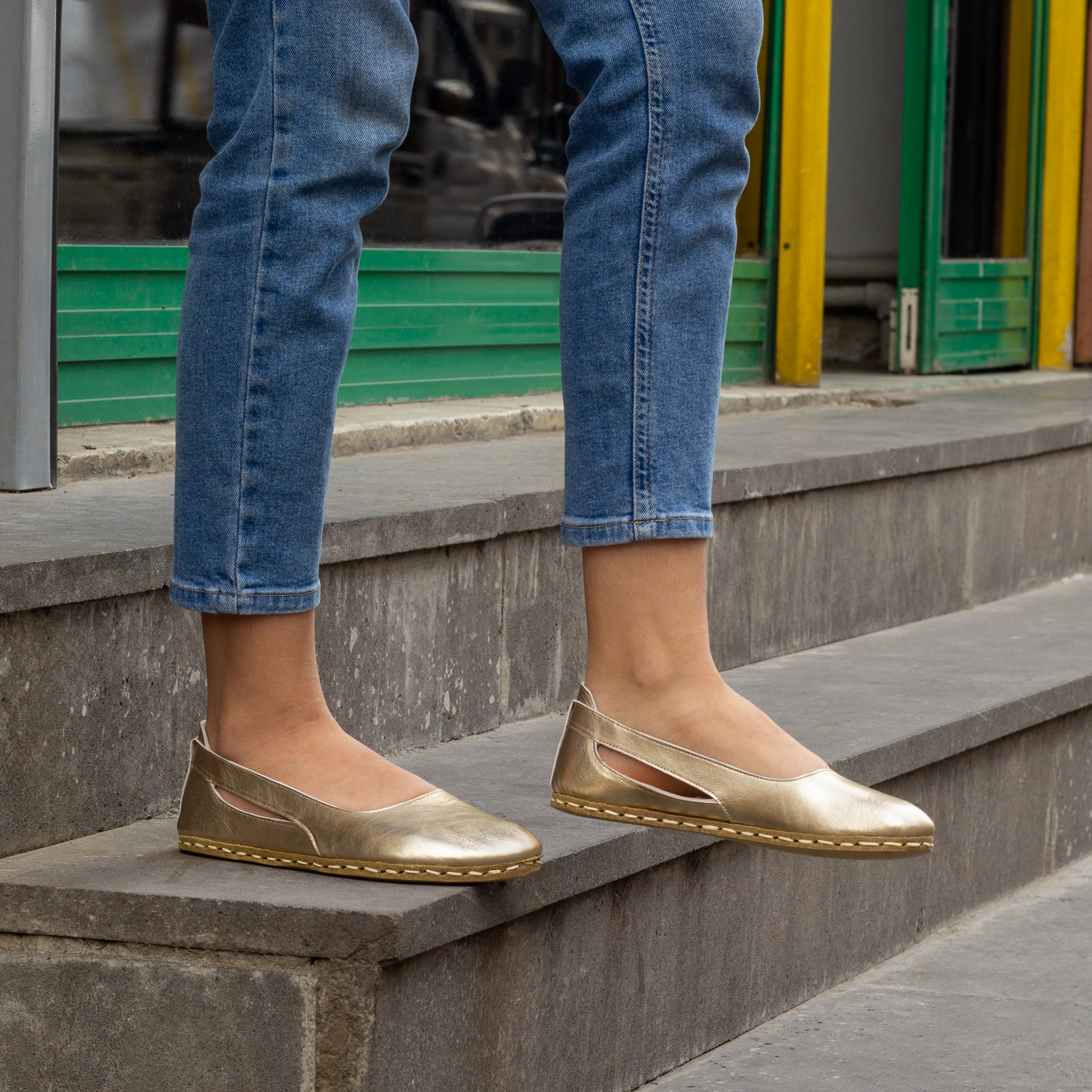 104 El Yapımı Barefoot Yalınayak Kadın Deri Beril Model, Gold - Görsel 1