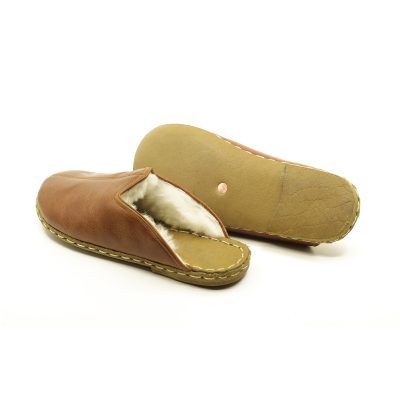 El Yapımı Barefoot Yalınayak Kadın Deri Parçalı İçi Kürklü Terlik, Otantik Kahve