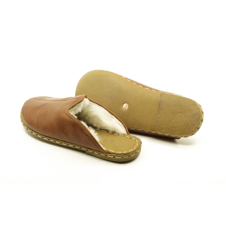 El Yapımı Barefoot Yalınayak Erkek Deri Parçalı İçi Kürklü Terlik, Otantik Kahve - Görsel 2