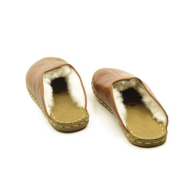 El Yapımı Barefoot Yalınayak Erkek Deri Parçalı İçi Kürklü Terlik, Otantik Kahve