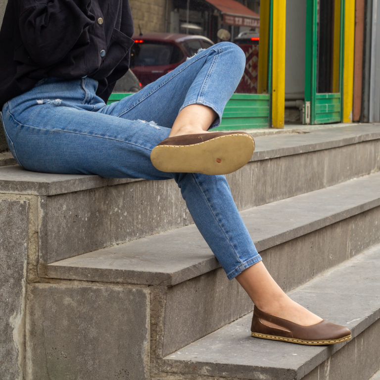 El Yapımı Barefoot Yalınayak Kadın Deri Beril Model, Klasik Kahverengi - Görsel 3