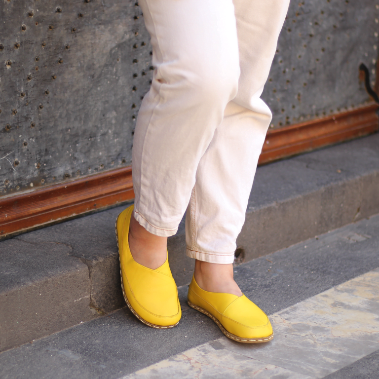 El Yapımı Barefoot Yalınayak Kadın Deri Sevim Model, Sarı - Görsel 4