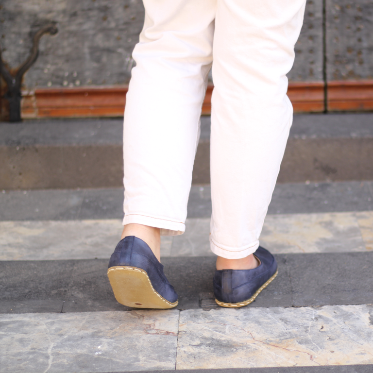 El Yapımı Barefoot Yalınayak Kadın Deri Sevim Model, Lacivert - Görsel 4