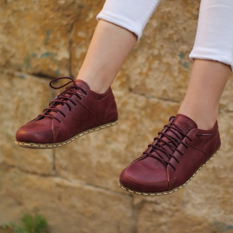 El Yapımı Barefoot Yalınayak Kadın Deri Sneakers Model, Bordo - Görsel 7
