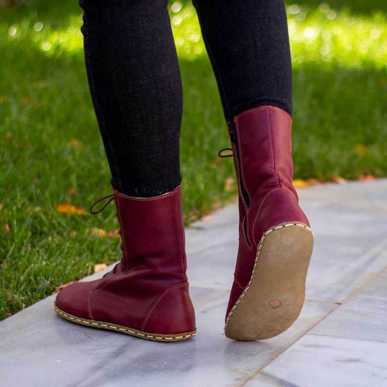 El Yapımı Barefoot Yalınayak Kadın Deri Uzun Kadın Bot, Bordo - Görsel 3