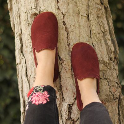 El Yapımı Barefoot Yalınayak Kadın Deri Taylan Model, Bordo Nubuk