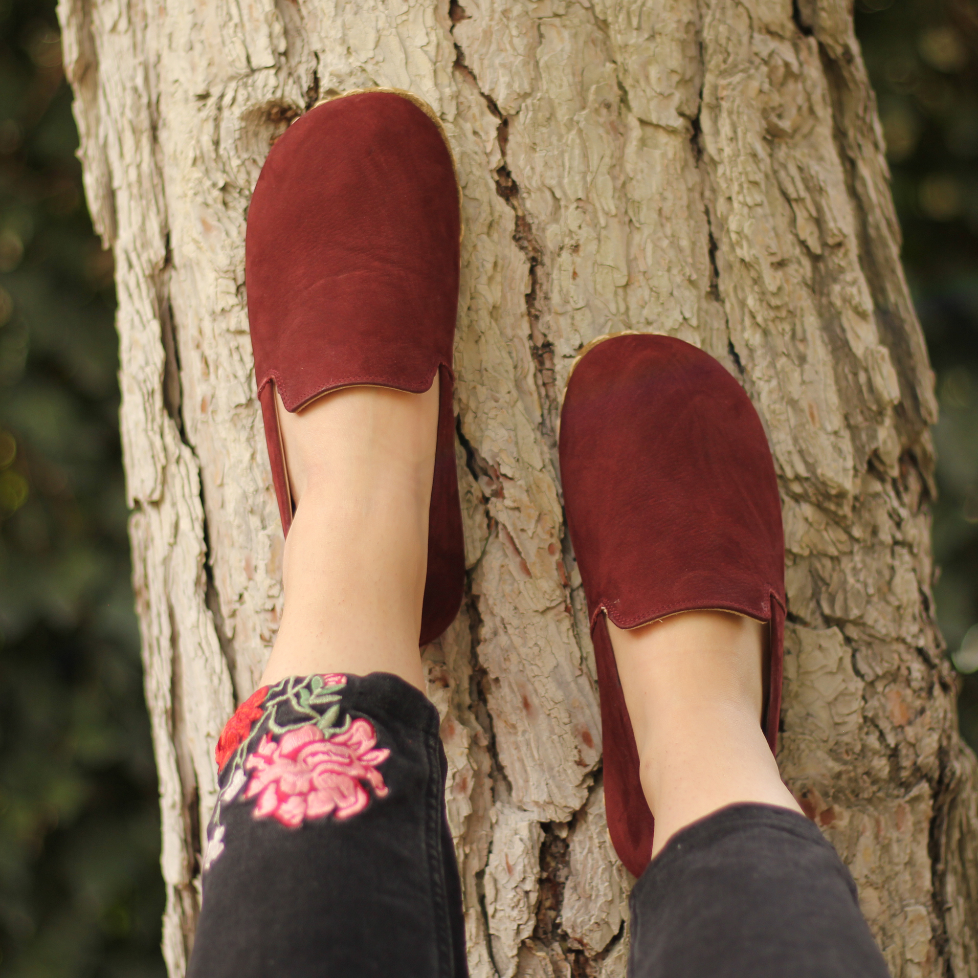 110 El Yapımı Barefoot Yalınayak Kadın Deri Taylan Model, Bordo Nubuk - Görsel 1