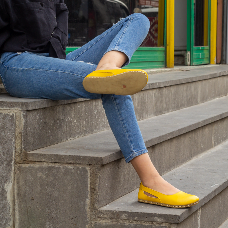El Yapımı Barefoot Yalınayak Kadın Deri Beril Model, Sarı - Görsel 4