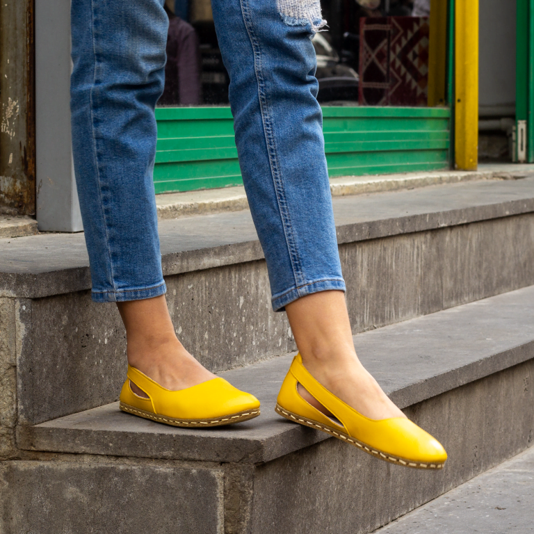 El Yapımı Barefoot Yalınayak Kadın Deri Beril Model, Sarı - Görsel 3