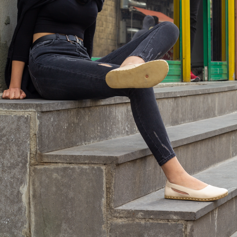 El Yapımı Barefoot Yalınayak Kadın Deri Beril Model, Krem Rengi - Görsel 5