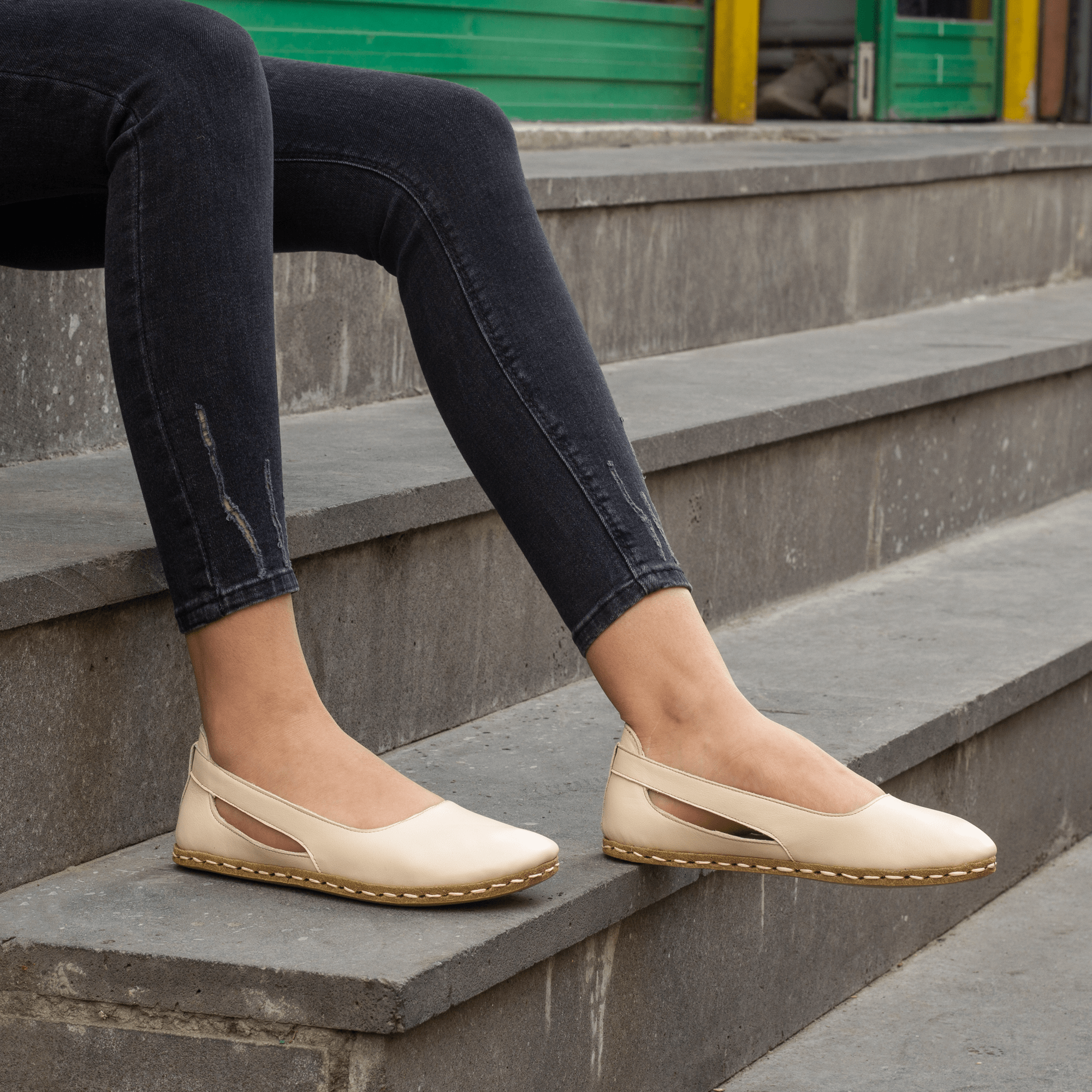 116 El Yapımı Barefoot Yalınayak Kadın Deri Beril Model, Krem Rengi - Görsel 1