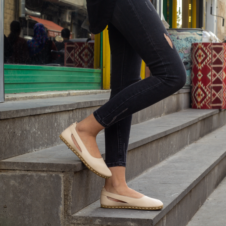 El Yapımı Barefoot Yalınayak Kadın Deri Beril Model, Krem Rengi - Görsel 4