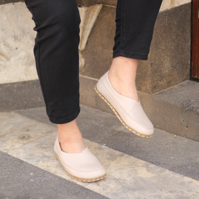 El Yapımı Barefoot Yalınayak Kadın Deri Sevim Model, Krem Rengi