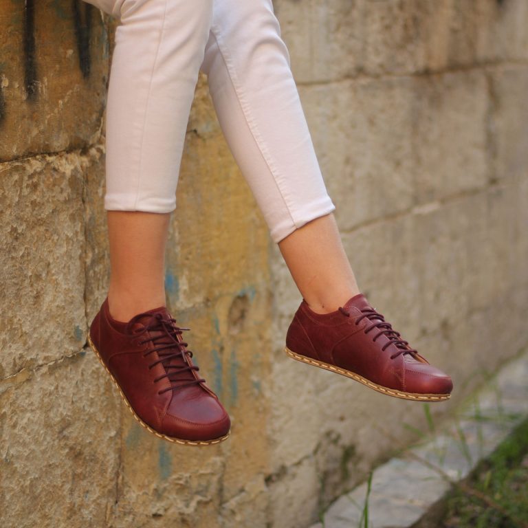 El Yapımı Barefoot Yalınayak Kadın Deri Sneakers Model, Bordo - Görsel 5