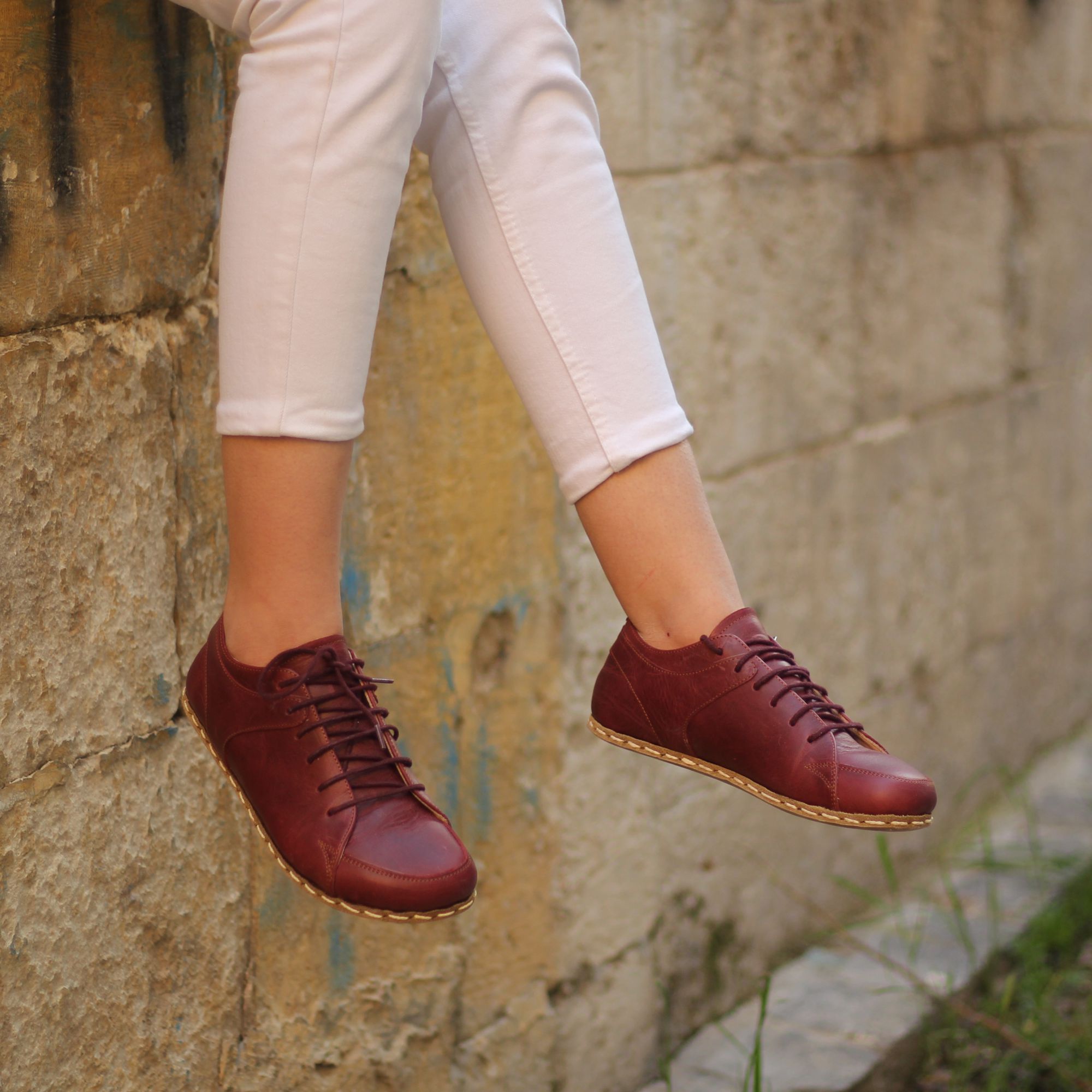 12 El Yapımı Barefoot Yalınayak Kadın Deri Sneakers Model, Bordo - Görsel 1