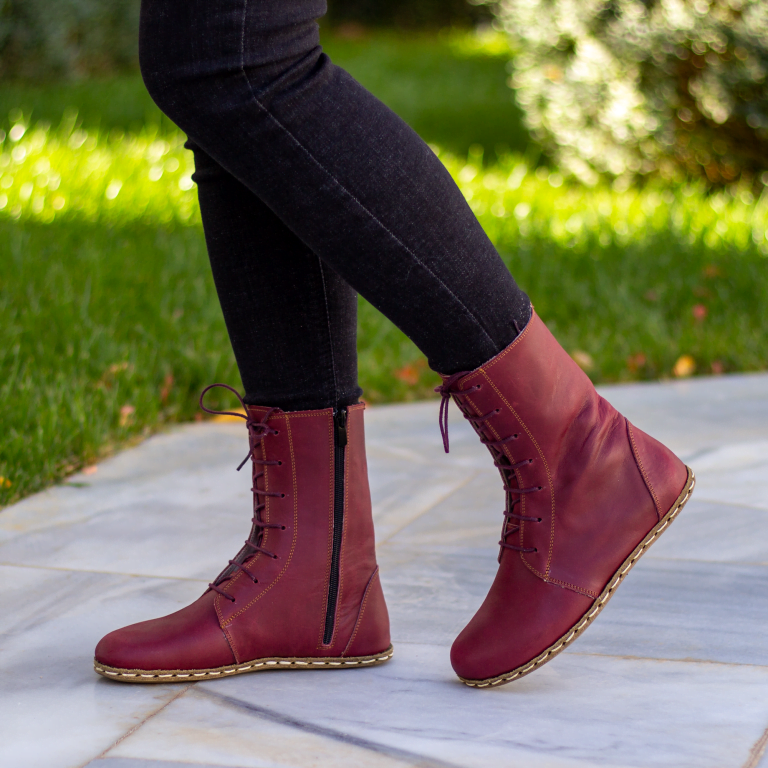 El Yapımı Barefoot Yalınayak Kadın Deri Uzun Kadın Bot, Bordo - Görsel 4