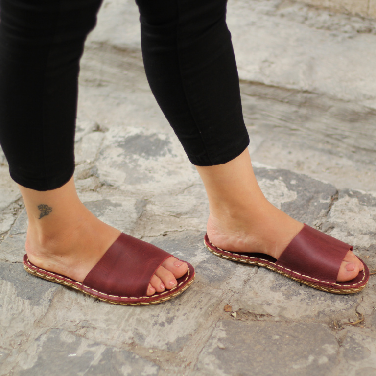 El Yapımı Barefoot Yalınayak Kadın Deri Boyka Terlik, Bordo - Görsel 3