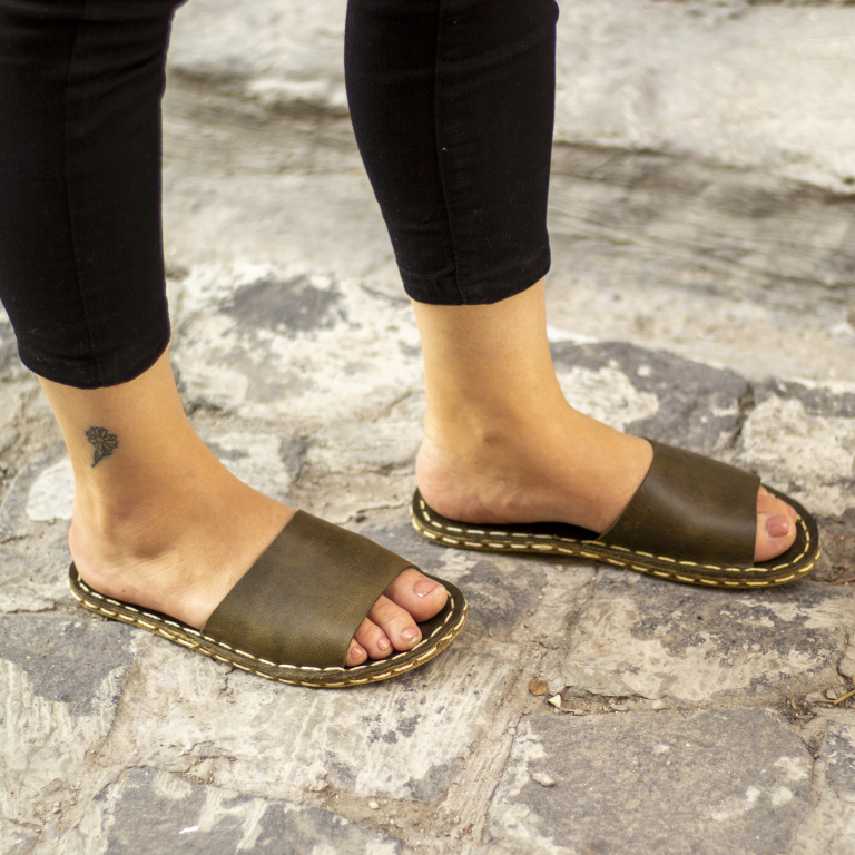 El Yapımı Barefoot Yalınayak Kadın Deri Boyka Terlik, Zeytin Yeşili - Görsel 4