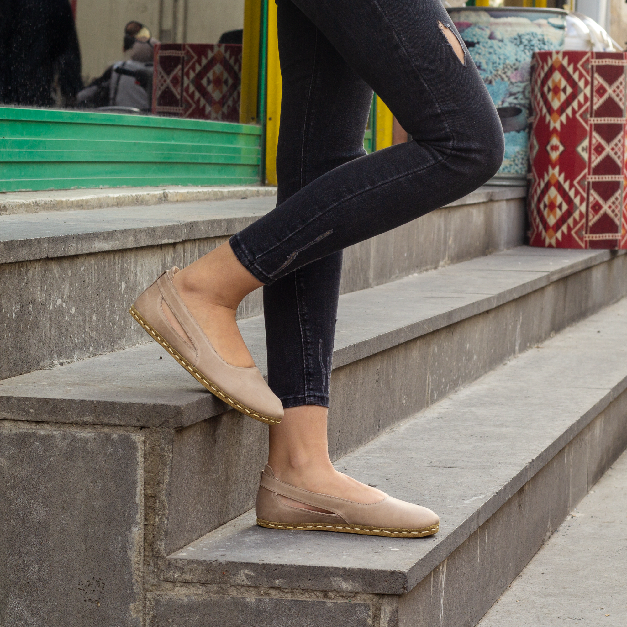 124 El Yapımı Barefoot Yalınayak Kadın Deri Beril Model, Bej - Görsel 1