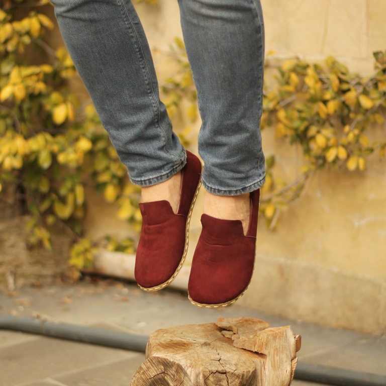 El Yapımı Barefoot Yalınayak Erkek Deri Klasik Model, Bordo Nubuk - Görsel 3
