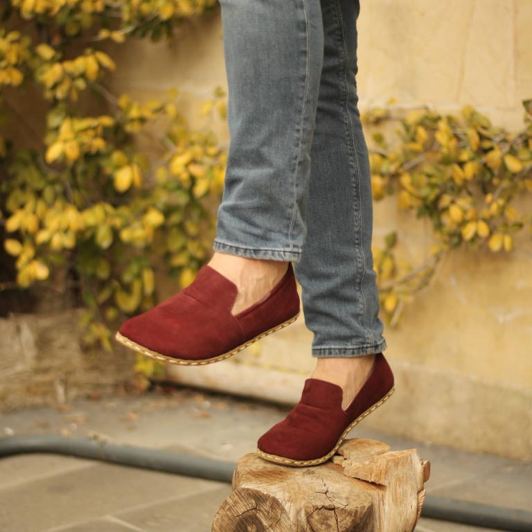 El Yapımı Barefoot Yalınayak Erkek Deri Klasik Model, Bordo Nubuk - Görsel 2