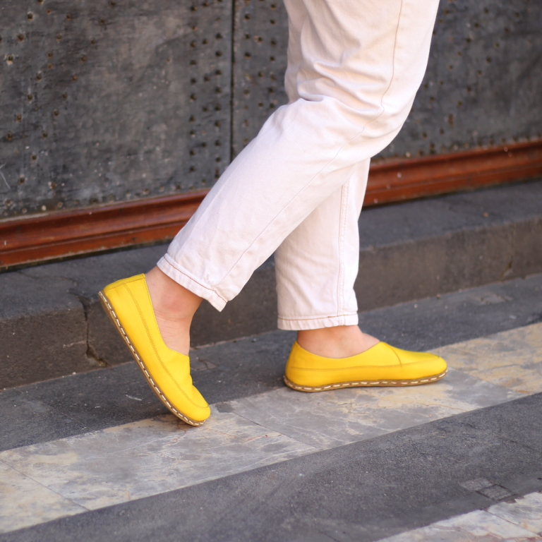 El Yapımı Barefoot Yalınayak Kadın Deri Sevim Model, Sarı - Görsel 3