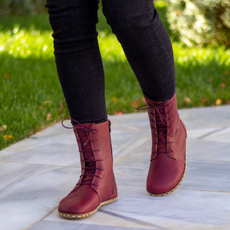 El Yapımı Barefoot Yalınayak Kadın Deri Uzun Kadın Bot, Bordo - Görsel 5