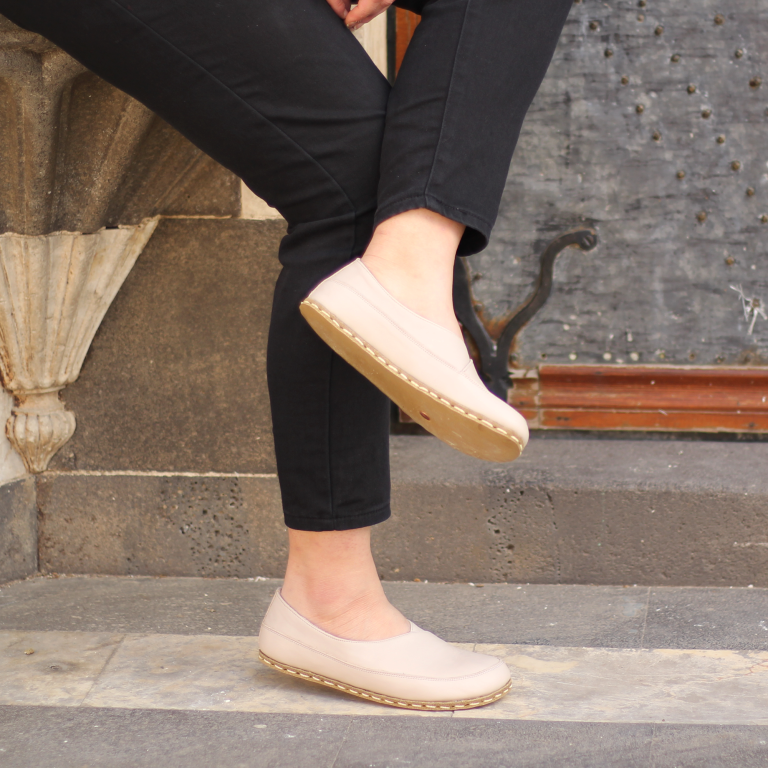 El Yapımı Barefoot Yalınayak Kadın Deri Sevim Model, Krem Rengi - Görsel 3