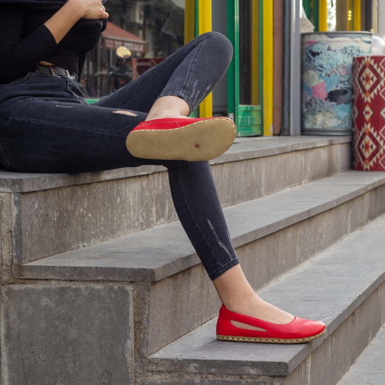 El Yapımı Barefoot Yalınayak Kadın Deri Beril Model, Kırmızı - Görsel 3
