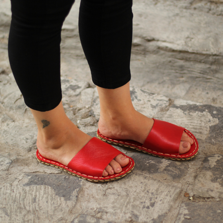 El Yapımı Barefoot Yalınayak Kadın Deri Boyka Terlik, Kırmızı - Görsel 4
