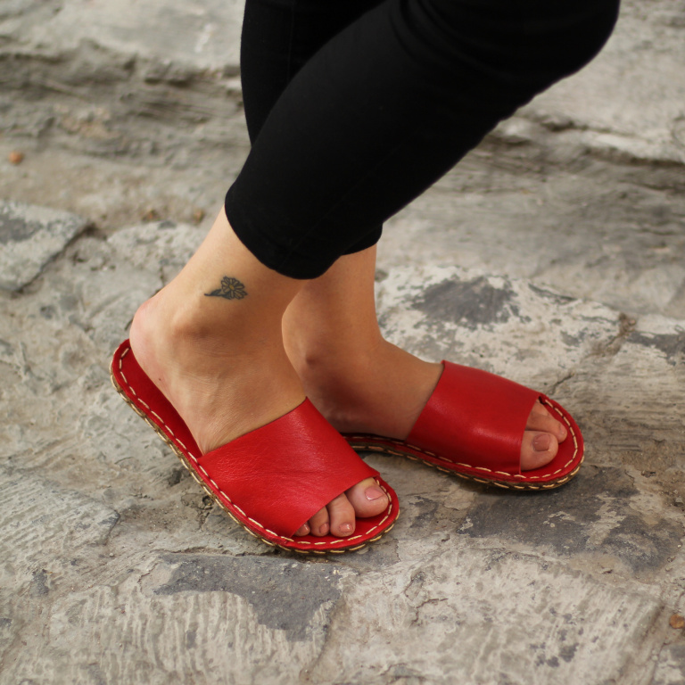 El Yapımı Barefoot Yalınayak Kadın Deri Boyka Terlik, Kırmızı - Görsel 2