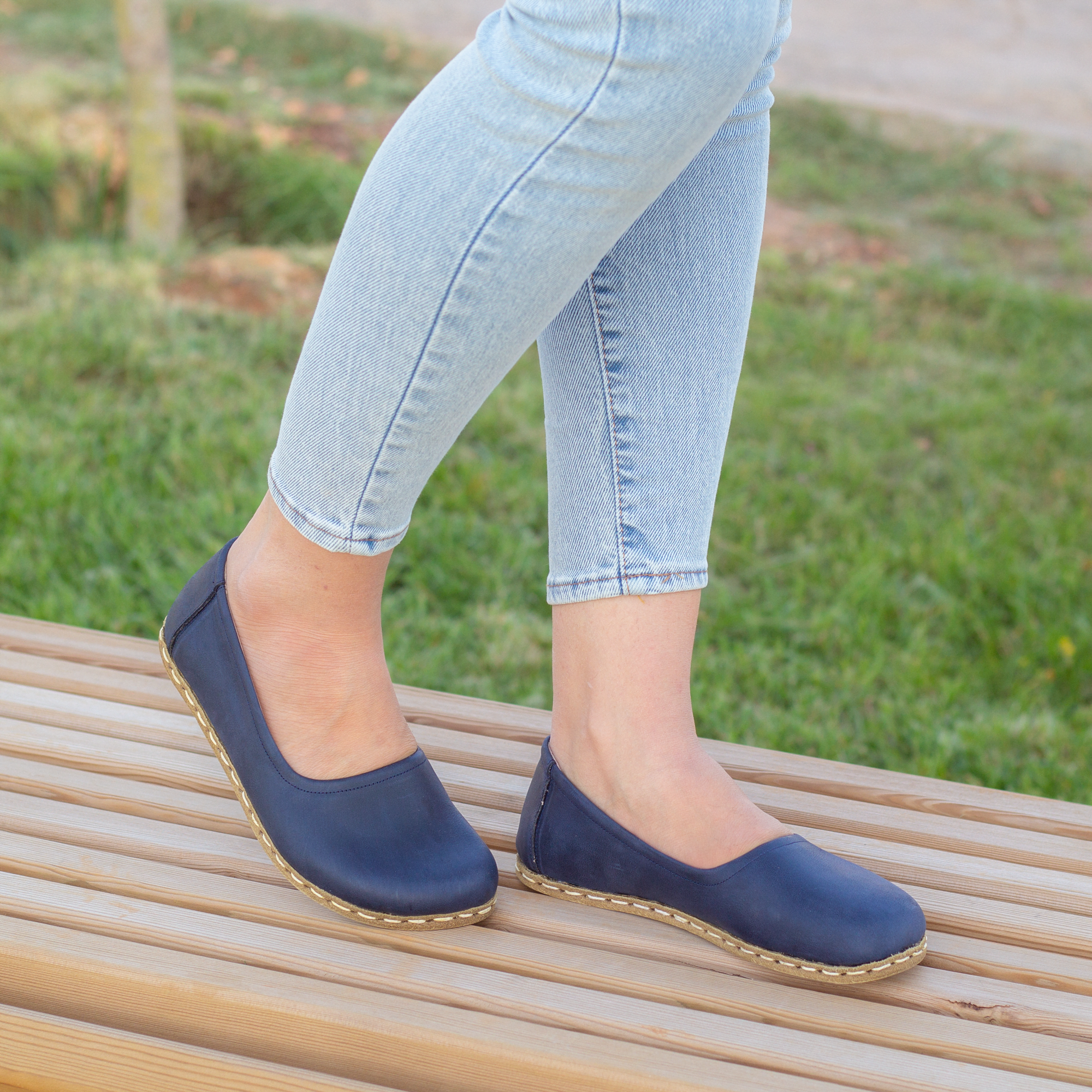 14 El Yapımı Barefoot Yalınayak Kadın Deri Babet Model, Lacivert - Görsel 1