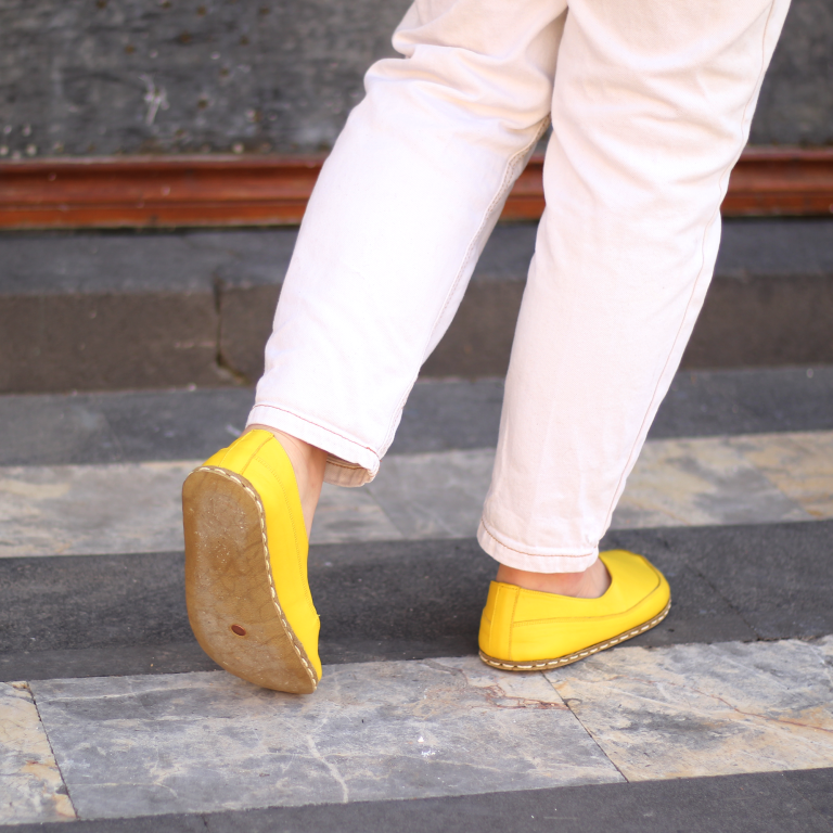 El Yapımı Barefoot Yalınayak Kadın Deri Sevim Model, Sarı - Görsel 2