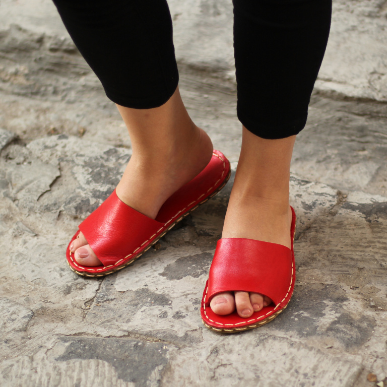 El Yapımı Barefoot Yalınayak Kadın Deri Boyka Terlik, Kırmızı - Görsel 3