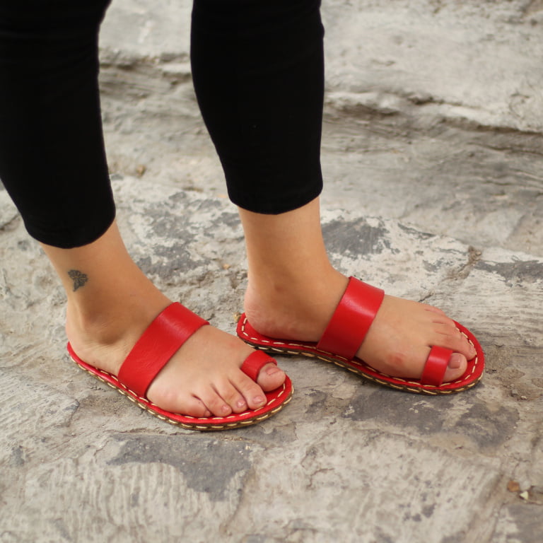 El Yapımı Barefoot Yalınayak Kadın Deri Parmak Arası Terlik, Kırmızı - Görsel 8